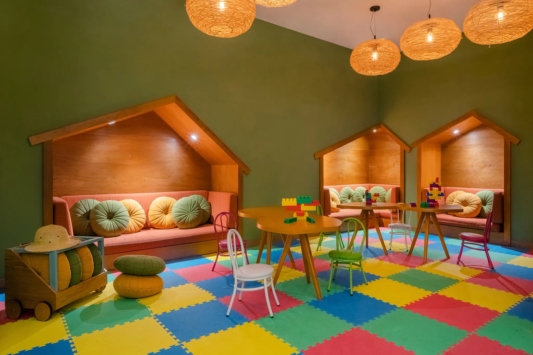 Colorful Explorer’s Club playroom with toys and seating for kids at Dreams Acapulco Resort & Spa.