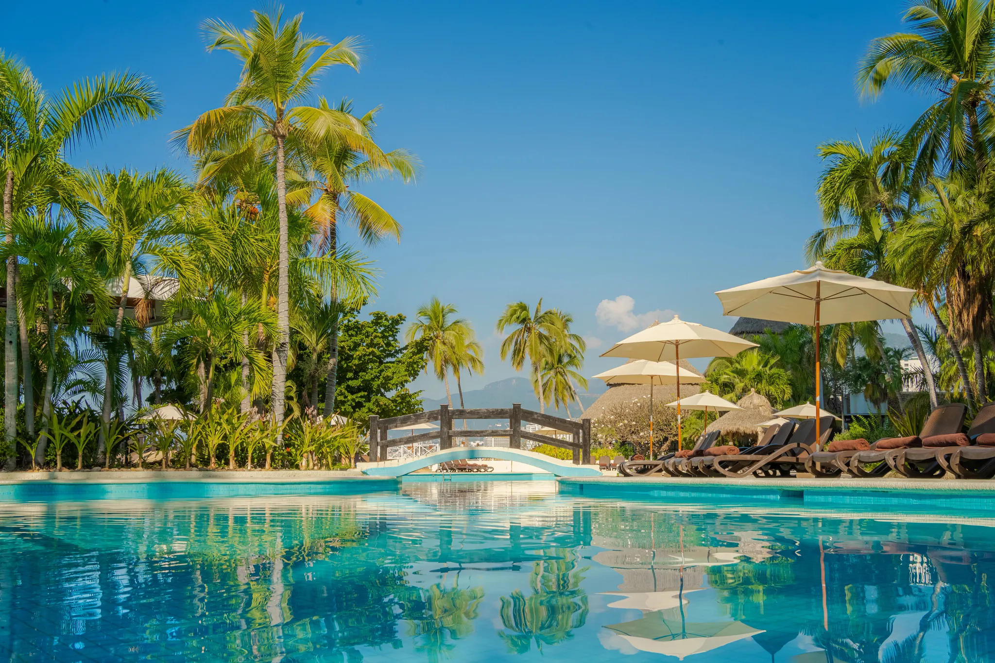 Main infinity-style pool surrounded by palm trees and lounge chairs at Dreams Acapulco Resort & Spa.
