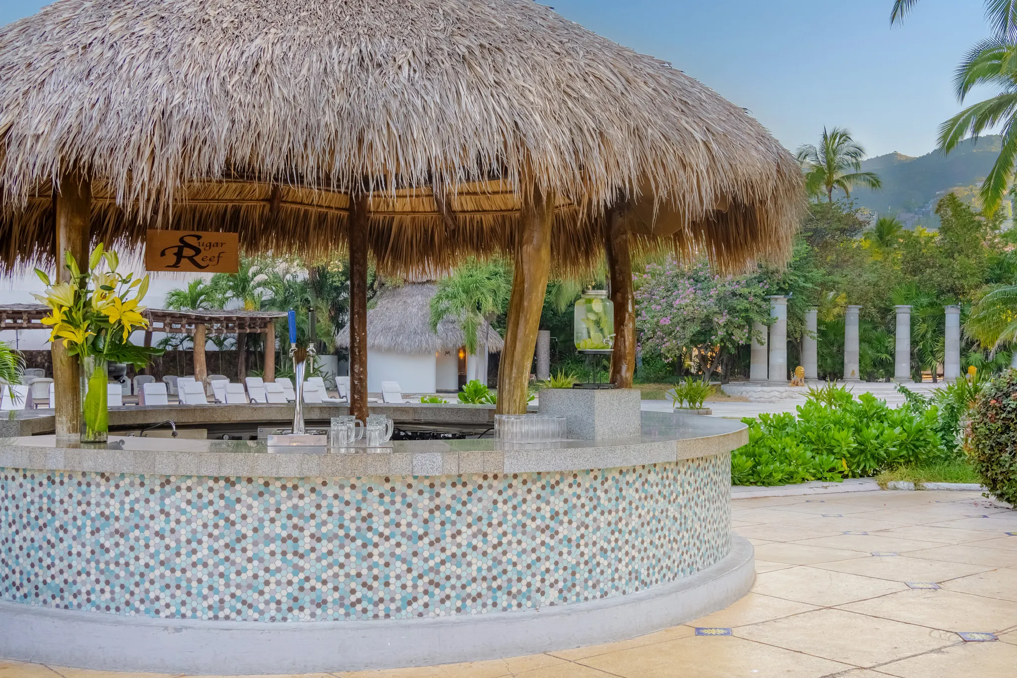 Sugar Reef Poolside Bar at Dreams Acapulco Resort & Spa featuring a thatched-roof tiki bar surrounded by tropical gardens and poolside seating.